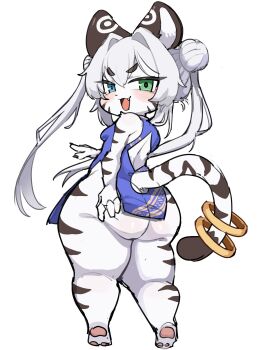 1girl animal_ears ass blue_eyes breasts china_dress chinese_clothes double_bun dress fang furry furry_female green_eyes hair_bun heterochromia highres long_hair original pawpads shortstack simple_background small_breasts tail tiger_ears tiger_girl tiger_tail tofffffu twintails white_background white_hair