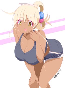 Rule 34 | 1girl, alternate costume, black shirt, black shorts, blonde hair, breasts, dark-skinned female, dark skin, erikuukun, hair ornament, hand on own leg, highres, hololive, hololive english, large breasts, limiter (tsukumo sana), looking at viewer, medium hair, open mouth, planet hair ornament, shirt, shorts, smile, solo, teeth, tsukumo sana, upper teeth only, virtual youtuber, yellow eyes