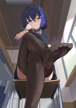 1girl absurdres black_choker black_hair black_skirt black_thighhighs blue_eyes blue_hair blue_nails bob_cut bored chair choker classroom commentary_request crossed_legs feet foot_focus from_below hand_on_own_cheek hand_on_own_face head_rest heterochromia highres indoors kirisame_oreo looking_at_viewer looking_down multicolored_hair nail_polish original pantyhose sitting skirt soles solo streaked_hair thighhighs toenail_polish toenails window worm&#039;s_eye_view yellow_eyes