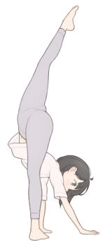1girl 1ssakawaguchi absurdres ahoge barefoot black_hair blue_eyes blush bob_cut commentary english_commentary flexible full_body grey_leggings hands_on_ground highres ichika_(1ssakawaguchi) leg_up leggings light_blush loose_hair_strand midriff_peek navel original shirt short_hair short_sleeves simple_background solo split standing standing_on_one_leg standing_split t-shirt toes white_background white_shirt