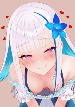 1girl absurdres bent_over blue_hair blunt_bangs blush breasts colored_inner_hair commentary_request downblouse dress extended_downblouse flower frilled_dress frills grey_hair hair_flower hair_intakes hair_ornament half-closed_eyes heart heart-shaped_pupils highres lize_helesta mana_(uyvh7375) multicolored_hair naughty_face nijisanji nipples no_bra off-shoulder_dress off_shoulder pink_eyes raised_eyebrows small_breasts smile solo symbol-shaped_pupils virtual_youtuber
