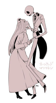 1boy 1girl absurdres alternate_costume formal_clothes full_body highres jack_skellington jacket ksyjkysk long_hair long_sleeves monochrome nurse pinstripe_pattern sally_(nbc) skeleton smile stitches striped_clothes suit the_nightmare_before_christmas vest