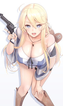 Rule 34 | 1girl, absurdres, ahoge, bilingual commentary, blonde hair, blue eyes, boots, breasts, brown boots, brown hat, cleavage, colt single action army, commentary, cowboy boots, cowboy hat, denim, denim shorts, feet out of frame, grey shorts, gun, hair between eyes, hand on own knee, handgun, hat, highres, holding toy gun, iowa (kancolle), iowa (setsubun) (kancolle), kantai collection, knees together feet apart, large breasts, long hair, looking at viewer, mesera, mixed-language commentary, official alternate costume, open mouth, revolver, setsubun, shirt, shorts, simple background, solo, star-shaped pupils, star (symbol), striped clothes, striped shirt, symbol-shaped pupils, thigh strap, toy gun, trigger discipline, weapon, white background