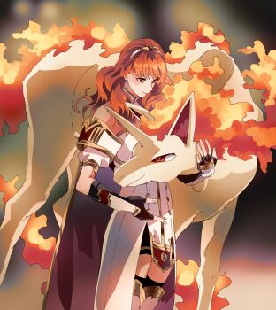 1girl absurdres armor armored_boots black_skirt black_thighhighs boots breastplate cape celica_(fire_emblem) choker commission commissioner_upload dress earrings fingerless_gloves fire fire_emblem fire_emblem_echoes:_shadows_of_valentia fusenryo gen_1_pokemon gloves highres horse jewelry long_hair mane nintendo orange_eyes orange_hair petting pokemon princess rapidash red_eyes red_hair skeb_commission skirt thighhighs tiara unicorn unicorn_horn white_armor white_dress
