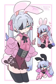 1boy :3 animal_ears armpits bare_shoulders between_legs black_choker black_corset black_leotard black_ribbon black_skirt black_thighhighs blood bloody_knife blue_eyes blue_hair blush bow bulge cardigan chibi choker collared_shirt colored_tips commentary corset covered_navel cowboy_shot crossdressing crossdressing_(mtf) double-parted_bangs earclip eyepatch fake_animal_ears flipped_hair frilled_shirt_collar frills frown furrowed_brow hair_between_eyes hair_bow hair_intakes hand_between_legs hand_up hands_up heart heart-shaped_pupils high_heels highres holding holding_knife jirai_kei knees_up knife leaning_forward leotard long_hair long_sleeves looking_at_viewer male_focus miniskirt multicolored_hair multicolored_thighhighs multiple_views neck_ribbon no_nose no_shoes off_shoulder one_eye_covered op_na_yarou open_cardigan open_clothes open_mouth original pink_bow pink_cardigan pink_leotard pink_shirt pink_shoes pink_thighhighs quad_tails rabbit_boy rabbit_ears rabbit_tail reclining red_hair ribbon rigel_(op_na_yarou) see-through_clothes see-through_skirt shirt shoes sidelocks simple_background sitting skirt sleeveless sleeveless_shirt sleeves_past_fingers sleeves_past_wrists standing straight_hair striped_clothes striped_thighhighs sweatdrop symbol-shaped_pupils tail thighhighs thighs trap two-tone_thighhighs very_long_hair wariza watermark white_background white_hair