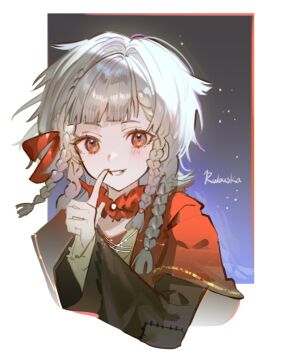 1girl black_coat border character_name cloak coat dark_background finger_to_mouth grin hand_up hashtag-only_commentary index_finger_raised looking_at_viewer medium_hair outside_border quad_braids red_cloak red_eyes reverse:1999 rubuska smile solo upper_body white_border white_hair yeonan