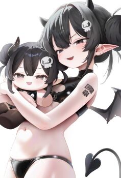 1girl barcode bare_arms bare_shoulders bikini black_bikini black_eyes black_hair black_panties blush breasts character_doll cowboy_shot demon_girl demon_horns demon_tail demon_wings doll double_bun ear_piercing fang hair_bun hair_ornament highres holding horns looking_at_viewer navel open_mouth original panties piercing pointy_ears poko_(poko) simple_background skull_hair_ornament smile smug solo stomach swimsuit tail tattoo underwear white_background wings