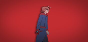 Rule 34 | 1boy, antenna hair, arms at sides, bandaged neck, bandages, belt, black eyes, blue coat, brown hair, buttons, chromatic aberration, closed mouth, coat, commentary request, cowboy shot, eddsworld, future tord (eddsworld), hair behind ear, hair horns, highres, hood, hood down, layered sleeves, long sleeves, looking ahead, male focus, mechanical arms, mjsc 10, red background, red belt, scar, scar on face, short hair, simple background, single mechanical arm, solo, tord (eddsworld), upturned eyes, v-shaped eyebrows, vignetting