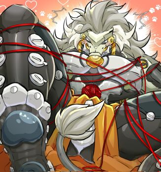 1boy ^^^ banyue_(zenless_zone_zero) bara bound clothes_around_waist commentary english_commentary heart highres kurokochomper long_hair male_focus muscular muscular_male paw_print red_yarn robot_boy tail tail_censor tied_up_(nonsexual) yarn yarn_ball zenless_zone_zero