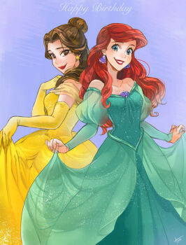 Rule 34 | 2girls, ano (sbee), ariel (disney), artist name, back-to-back, beauty and the beast (disney), belle (disney), blue background, blue eyes, brown eyes, brown hair, commentary request, company connection, crossover, disney, disney princess, dress, earrings, elbow gloves, gloves, green background, hair bun, happy birthday, jewelry, long hair, long sleeves, looking at viewer, multiple girls, red hair, shell, single hair bun, smile, the little mermaid (disney), yellow dress