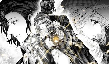 Rule 34 | 2girls, absurdres, back-to-back, bai wuya bu he naicha yo, belt, carrying, carrying under arm, coat, dress, dutch angle, gloves, glowing, greta hofmann, greyscale, hand in pocket, hand up, hat, highres, holding, holding lantern, holding suitcase, lantern, long hair, looking ahead, marcus (reverse:1999), mole, mole under eye, mole under mouth, monochrome, multiple girls, multiple views, newsboy cap, open clothes, open coat, parted lips, profile, projected inset, reverse:1999, scarf, short hair, spot color, suitcase, upper body