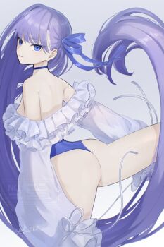 1girl ass bare_shoulders blue_eyes blue_ribbon breasts choker commentary_request fate/grand_order fate_(series) frills hair_ribbon highleg highleg_one-piece_swimsuit highres long_hair long_sleeves looking_at_viewer meltryllis meltryllis_(fate) meltryllis_(swimsuit_lancer)_(fate) meltryllis_(swimsuit_lancer)_(second_ascension)_(fate) off-shoulder_one-piece_swimsuit off_shoulder one-piece_swimsuit puffy_sleeves purple_hair ribbon sleeves_past_fingers sleeves_past_wrists small_breasts solo suwa_(swk_kkk) swimsuit thighs very_long_hair white_ribbon