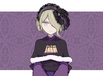 Rule 34 | 1girl, alternate costume, back bow, black bow, black capelet, black robe, black sash, blonde hair, bow, capelet, closed mouth, danganronpa (series), danganronpa v3: killing harmony, eyelashes, flower, frilled hairband, frills, fur-trimmed capelet, fur trim, grey eyes, grey hairband, hair flower, hair ornament, hair over one eye, hair ribbon, hairband, japanese clothes, kimono, kouzidaren, lace, lace-trimmed hairband, lace-trimmed kimono, lace trim, letterboxed, long sleeves, looking at viewer, obi, outside border, polka dot, polka dot kimono, purple background, purple kimono, purple ribbon, ribbon, robe, sash, short hair, smile, solo, straight-on, tassel, tojo kirumi, upper body
