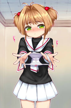 1girl ajitarou_(setsu) blush brown_hair cardcaptor_sakura commentary_request green_eyes highres holding holding_panties holding_underwear holding_unworn_clothes kinomoto_sakura loli paid_reward_available panties school_uniform skirt solo tomoeda_elementary_school_uniform underwear variant_set white_panties white_skirt