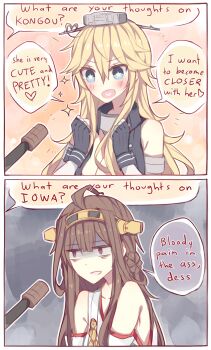 10s 2girls 2koma ahoge bad_anatomy bags_under_eyes blonde_hair blue_eyes blush brown_hair comic double_bun english_text headband heart heart_in_mouth highres interview iowa_(kancolle) kantai_collection kongou_(kancolle) kvlen microphone multiple_girls shaded_face star-shaped_pupils star_(symbol) symbol-shaped_pupils