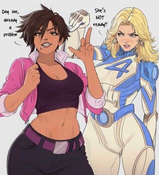 2girls arm_up belt black_shirt blonde_hair blue_eyes bodysuit breasts brown_eyes brown_hair cigarette cleavage commentary cowboy_shot crop_top cropped_jacket dark-skinned_female dark_skin dispatch english_commentary english_text fantastic_four hair_between_eyes hands_up highres invisigal_(dispatch) jacket long_hair looking_at_viewer marvel medium_breasts multiple_girls navel pants pink_jacket purple_belt purple_shirt r septum_piercing shirt short_hair smile stomach sue_storm teeth white_bodysuit yoracrab