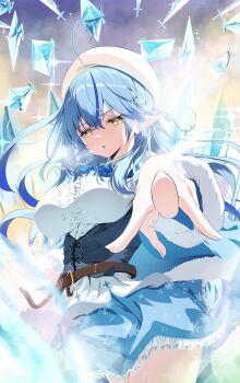 1girl absurdres ahoge belt blue_hair blue_skirt braid breasts brown_belt buttons center_frills commentary_request frilled_skirt frills fur-trimmed_sleeves fur_trim hat highres hololive multicolored_hair pointing pointing_at_viewer pointy_ears skirt snowflake_print solo streaked_hair virtual_youtuber visitofsiki white_hat yellow_eyes yukihana_lamy