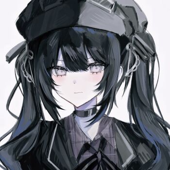 Rule 34 | 1girl, black choker, black hair, black hat, black ribbon, choker, closed mouth, goggles, goggles on headwear, grey eyes, hair between eyes, hat, higasa (hikasaaawa), highres, kurobe nanoka, long hair, looking at viewer, mahou shoujo no majo saiban, neck ribbon, portrait, ribbon, simple background, solo, twintails, white background