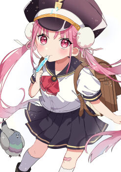 1girl absurdres alternate_costume ascot bad_id bad_pixiv_id bandaid bandaid_on_knee bandaid_on_leg bird black_hat black_sailor_collar black_skirt blush bun_cover double_bun eyelashes feet_out_of_frame floating_hair food food_in_mouth grey_bird hair_between_eyes hair_bun hair_ribbon hat heaven_burns_red highres k_i49 kneehighs kunimi_tama long_hair looking_at_viewer military_hat miniskirt peaked_cap pigeon pink_eyes pink_hair pleated_skirt popsicle popsicle_in_mouth red_ascot ribbon sailor_collar sailor_shirt school_uniform serafuku shirt short_sleeves sidelocks simple_background skirt socks solo sparkle standing tareme twintails upturned_eyes very_long_hair white_background white_ribbon white_shirt white_socks