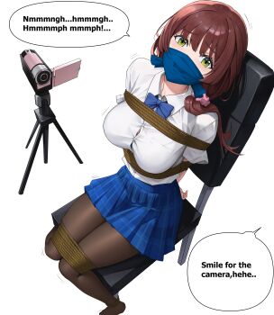 Rule 34 | 1girl, absurdres, bdsm, black pantyhose, blue skirt, bound, breasts, brown hair, chair, chitose-kun wa ramune bin no naka, cloth gag, commission, english text, gag, gagged, green eyes, highres, improvised gag, iqbqlz, kidnapped, large breasts, looking at viewer, over the nose gag, pantyhose, restrained, shirt, simple background, sitting, skirt, speech bubble, tied to chair, uchida yua, white background, white shirt