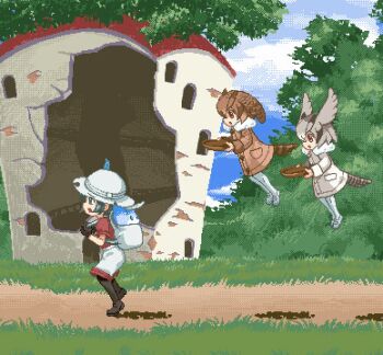 10s 3girls :d animated animated_gif backpack bag bird_tail bird_wings black_eyes black_gloves black_hair brown_eyes brown_hair bucket_hat coat commentary_request day eurasian_eagle_owl_(kemono_friends) flapping floating from_side full_body fur_collar gloves grass grey_hair hat hat_feather head_wings holding holding_plate kaban_(kemono_friends) kemono_friends long_sleeves looking_at_another lowres lucky_beast_(kemono_friends) multiple_girls northern_white-faced_owl_(kemono_friends) open_mouth outdoors pantyhose pixel_art plate red_shirt road_sign running shieo shirt short_hair short_sleeves shorts sign smile tail tree ugoira wings