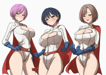 3girls absurdres adjusting_clothes adjusting_gloves aqua_eyes black_hair blue_eyes blue_gloves blush braid breasts brown_hair cape cleavage_cutout closed_mouth clothing_cutout colored_inner_hair commentary_request cosplay covered_navel cowboy_shot dc_comics gloves hair_between_eyes highres kaekae_kaeru kurusu_natsume large_breasts leotard looking_at_viewer multicolored_hair multiple_girls nijisanji nose_blush open_mouth pink_hair power_girl power_girl_(cosplay) red_cape red_hair short_hair simple_background streaked_hair sweatdrop virtual_youtuber white_background white_leotard yamagami_karuta yellow_eyes yuuhi_riri
