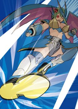 Rule 34 | 1girl, absurdres, armor, bare shoulders, blue background, blue skirt, blue wings, breastplate, breasts, clenched hands, commentary, cosplay, digimon, digimon story: cyber sleuth, digimon world re:digitize, dragon wings, flying kick, green eyes, green hair, highres, kicking, large breasts, one eye closed, open mouth, pink wings, red eyes, rider kick, shinomiya rina, simple background, skirt, tai (cheungsk1213), ulforcev-dramon, ulforcev-dramon (cosplay), v, wings