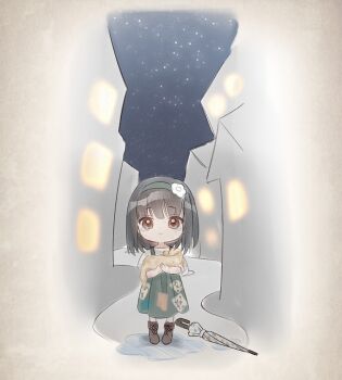 1girl animal artist_request baby_animal black_hair boots brown_boots brown_eyes character_request chibi closed_umbrella crying crying_with_eyes_open dog dress flower game_cg green_dress green_hairband hair_flower hair_ornament hairband holding holding_animal holding_dog lace-up_boots long_dress looking_at_viewer medium_hair miracle_nikki night nikki_(series) official_art outdoors patchwork_clothes path pinafore_dress pleated_dress polka_dot polka_dot_umbrella puddle puffy_short_sleeves puffy_sleeves puppy road sad shirt short_sleeves sky sleeveless sleeveless_dress solo standing star_(sky) starry_sky tareme teardrop tears third-party_source town umbrella wet white_background white_flower white_shirt white_umbrella