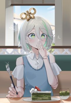 1girl absurdres blue_sweater_vest cake cake_slice cecilia_immergreen collared_shirt covering_own_mouth cup doll_joints eating food fork gradient_hair green_eyes green_hair grey_hair highres holding holding_fork hololive hololive_english indoors jimo_0074 joints multicolored_hair plate shirt solo sweater_vest virtual_youtuber white_shirt wide-eyed window
