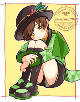 1boy asu_(as_dayo) black_hat black_shoes black_shorts black_socks blush border bright_pupils brown_hair cape closed_mouth colored_shoe_soles commentary_request dot_nose florian_(anniversary_2026)_(pokemon) florian_(pokemon) flower full_body green_cape green_jacket hat hat_flower hat_ornament head_on_knees head_rest head_tilt hugging_own_legs jacket kneehighs knees_up leaf leaf_hat_ornament long_sleeves looking_at_viewer low_block_heels making-of_available male_focus mosaic_pattern nintendo partial_commentary patterned_clothing pokemon pokemon_masters_ex porkpie_hat print_cape print_jacket red_flower shoes short_hair short_shorts shorts shoulder_boards simple_background socks split_mouth triangle_print upshorts very_short_hair watermark white_border white_pupils yellow_background yellow_eyes