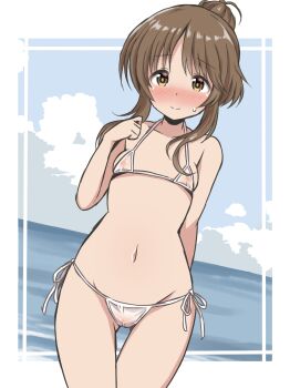 1girl absurdres bikini blue_sky blush border bow breasts brown_eyes brown_hair cameltoe cloud cloudy_sky collarbone commentary_request cowboy_shot dutch_angle embarrassed exhibitionism full-face_blush gluteal_fold hair_bow hair_bun halterneck highres idolmaster idolmaster_cinderella_girls looking_at_viewer micro_bikini navel nipples ocean ohana._(komachi) outdoors outside_border public_indecency pussy revealing_clothes see-through_bikini see-through_clothes short_hair_with_long_locks side-tie_bikini_bottom sidelocks sky small_breasts smile solo standing stomach string_bikini sweat swimsuit takamori_aiko thigh_gap thighs white_bikini white_border