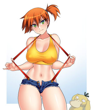 >:) 1girl absurdres alternate_breast_size bare_arms bare_shoulders breasts buttons closed_mouth collarbone covered_erect_nipples crop_top cutoffs denim denim_shorts fingernails gen_1_pokemon gluteal_fold green_eyes gym_leader head_tilt highres large_breasts looking_at_viewer medium_hair micro_shorts midriff misty_(pokemon) navel nintendo open_clothes open_fly open_shorts orange_hair pinky_out pokemon pokemon_(anime) pokemon_(classic_anime) pokemon_(creature) psyduck pulling_own_clothes purple_hair shorts side_ponytail smile solo_focus stomach suspenders_pull tank_top thighs unbuttoned unzipped zeshgolden zipper