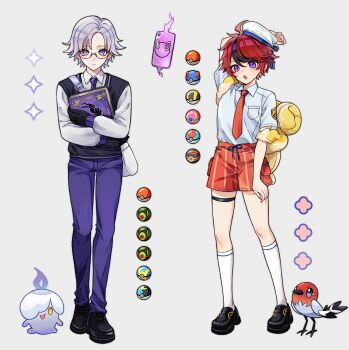 2boys ahoge alternate_universe amera_(irisqr3) aotsuki_eito arm_up backpack bag black_shoes black_streaks black_vest blue_eyes book chinese_commentary collared_shirt commentary_request dusk_ball fidough fire fletchling gen_4_pokemon gen_5_pokemon gen_6_pokemon glasses gloves great_ball grey_background grey_hair hat heal_ball heterochromia highres holding holding_book invisible_floor litwick looking_at_viewer lure_ball luxury_ball male_focus miraidon moon_ball multicolored_hair multiple_boys necktie nintendo pants pink_eyes pink_fire poke_ball pokemon pokemon_(creature) pokemon_sv purple_eyes purple_fire purple_necktie purple_pants quick_ball red_hair red_necktie red_shorts rotom rotom_phone shion_(hundred_line) shirt shoes short_hair shorts shoulder_bag socks standing streaked_hair sumino_takumi the_hundred_line_-last_defense_academy- thigh_strap ultra_ball vest white_bag white_eyes white_hat white_shirt white_socks yellow_eyes