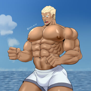 Rule 34 | 1boy, abs, absurdres, artist name, bara, biceps, blonde hair, blue sky, brown eyes, bulge, cloud, cloudy sky, ear piercing, gamagoori ira, highres, huge pectorals, kill la kill, male focus, manly, mature male, muscular, muscular arms, muscular male, nipples, ocean, open mouth, pectorals, piercing, short hair, signature, sky, solo, swimsuit, teeth, thick eyebrows, thighs, tongue, topless male, verou kun