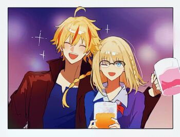 Rule 34 | 1boy, 1girl, ahoge, beer mug, blonde hair, blue eyes, blue shirt, blush, border, braid, brown jacket, closed eyes, cup, fate/strange fake, fate (series), glasses, hair between eyes, height difference, highres, holding, holding cup, jacket, k 7s, long sleeves, looking at another, mug, multicolored hair, one eye closed, open clothes, open mouth, outside border, red hair, richard i (fate), richard i (second ascension) (fate), sajou ayaka (fate/strange fake), shirt, smile, streaked hair, white border