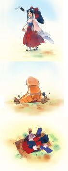 Rule 34 | 1boy, 1girl, 3koma, armor, blue hair, boots, bow, breasts, brown eyes, clenched hands, comic, crushing, english text, fingerless gloves, giant, gloves, hair ribbon, highres, japanese clothes, legs, long hair, long skirt, medium breasts, open mouth, ponytail, red bow, ribbon, sakura taisen, sega, shinguuji sakura, skirt, smile, thighs, tongue, walking