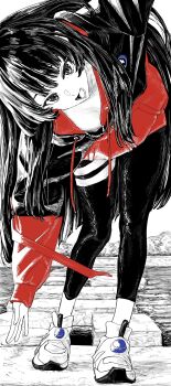 1girl arm_up bent_over day full_body greyscale hair_over_shoulder highres jacket leaning_to_the_side leggings long_hair long_sleeves looking_at_viewer monochrome mountainous_horizon nijisanji obihironn open_mouth outdoors outstretched_arms path red_jacket road shirt shoes smile sneakers solo spot_color spread_arms standing stepping_stones tsukino_mito tsukino_mito_(hoodie) tsukino_mito_(sporty) virtual_youtuber