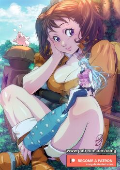 2girls bare_shoulders blue_sky boots branch breasts brown_hair cleavage_cutout clothing_cutout cloud diane_(nanatsu_no_taizai) elizabeth_liones giant giantess hammer hawk_(nanatsu_no_taizai) large_breasts leg_tattoo leotard lips long_hair medium_hair miniskirt multiple_girls nanatsu_no_taizai pig purple_eyes sitting sitting_on_person skirt sky sleeveless tattoo twintails very_long_hair white_hair xong