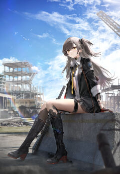 1girl absurdres amanun black_boots black_jacket boots breasts brown_hair construction_site girls&#039;_frontline girls&#039;_frontline_2:_exilium highres jacket leva_(girls&#039;_frontline_2) long_hair mechanical_arms necktie open_clothes open_jacket partially_open_shirt scar scar_on_face shirt small_breasts solo thighs ump45_(girls&#039;_frontline) white_shirt yellow_eyes yellow_necktie