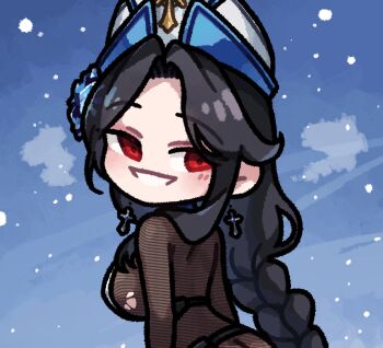 1girl black_hair bodystocking braid braided_ponytail chibi flower goddess_of_victory:_nikke highres leemun maiden_(ice_rose)_(nikke) maiden_(nikke) red_eyes rose simple_background