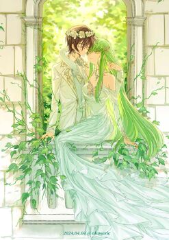Rule 34 | 1boy, 1girl, arm around neck, balcony, bare shoulders, breasts, brick wall, brown hair, butterfly hair ornament, c.c., c.c. day, closed eyes, code geass, collared shirt, commentary request, couple, dated, detached collar, dress, earrings, full body, gold trim, green hair, hair between eyes, hair ornament, hand in another's hair, head wreath, hetero, highres, jacket, jewelry, lelouch vi britannia, long dress, long hair, long sleeves, medium breasts, neck ribbon, off-shoulder dress, off shoulder, okuseric, one eye closed, plant, ribbon, shirt, short hair, sidelocks, suit jacket, twitter username, upper body, vines, white dress, white jacket, white shirt, window, yellow eyes