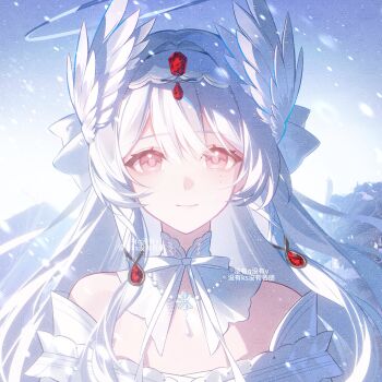 Rule 34 | 1girl, artist request, bare shoulders, bow, bowtie, center-flap bangs, closed mouth, commission, commissioner insert, detached collar, dress, eyelashes, feathered wings, gem, hair intakes, hair ornament, hair ribbon, hairband, halo, hayami momo (hayamimomo), highres, long hair, long sidelocks, mole, mole under eye, mountainous horizon, original, outdoors, pink eyes, portrait, red gem, ribbon, second-party source, sidelocks, sky, smile, snowing, solo, straight-on, tress ribbon, watermark, watermark grid, white bow, white bowtie, white dress, white hair, white hairband, white halo, white ribbon, white sky, white wings, wing hair ornament, wings
