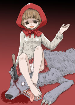 1girl barefoot big_bad_wolf black_eyes blood blood_on_feet brown_hair commentary_request corpse death empty_eyes full_body grey_shirt guro hood hood_up kazuiyun kitchen_knife knife knife_in_head little_red_riding_hood_(fairy_tale) little_red_riding_hood_(fairy_tale_character) looking_at_viewer miniskirt murder object_through_head open_mouth panties red_background red_hood red_skirt shaded_face shirt short_hair sitting skirt smile underwear white_panties wolf yandere