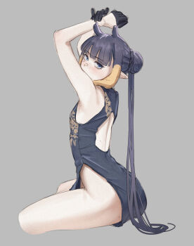 1girl absurdres arms_up back_cutout black_gloves blue_archive blue_eyes blunt_bangs braid bun_with_braided_base china_dress chinese_clothes clothing_cutout commentary cosplay cropped_legs dress english_commentary flat_chest from_side gloves gradient_hair grey_background half_gloves highres hololive hololive_english kisaki_(blue_archive) kisaki_(blue_archive)_(cosplay) long_hair looking_at_viewer median_furrow mole mole_under_eye multicolored_hair ninomae_ina&#039;nis no_panties orange_hair pointy_ears purple_dress purple_hair samukzz side_slit sidelocks sitting solo straight_hair tentacle_hair very_long_hair virtual_youtuber