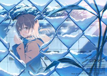 1girl akamoku bag barbed_wire coat looking_at_viewer original short_hair snow solo