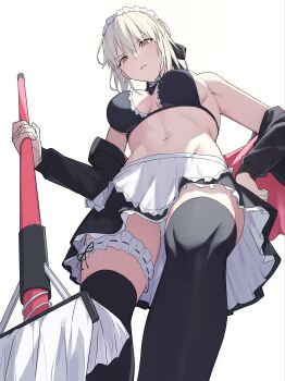 1girl apron artoria_pendragon_(fate) bikini black_bikini black_jacket black_ribbon black_skirt black_thighhighs blonde_hair blush braid breasts choker cleavage commentary_request fate/grand_order fate_(series) frilled_choker frilled_thigh_strap frills hair_bun hair_ribbon highres hood hooded_jacket jacket long_hair long_sleeves looking_at_viewer maid maid_bikini maid_headdress medium_breasts mop natu_zame navel open_clothes open_jacket ribbon saber_alter saber_alter_(swimsuit_rider)_(second_ascension) sidelocks skirt solo swimsuit thigh_strap thighhighs thighs unconventional_maid waist_apron white_apron yellow_eyes