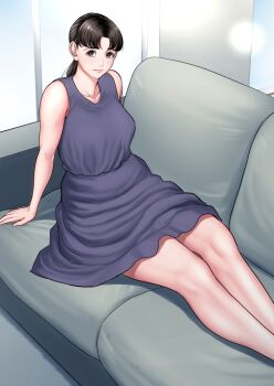 1girl arm_support black_eyes breasts brown_hair commentary_request couch high-waist_dress large_breasts lips mature_female mole mole_under_mouth original pink_lips ponytail sitting smile solo tamagou window