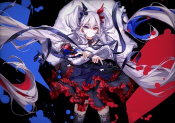 Rule 34 | 1girl, absurdres, arcaea, black background, black dress, black thighhighs, blue eyes, blue ribbon, cape, closed mouth, colored inner hair, commentary, cowboy shot, crossed wrists, dress, english commentary, frilled dress, frills, fur cape, grey hair, hair ribbon, heterochromia, highres, kbsdr, long hair, looking at viewer, multicolored hair, red eyes, red ribbon, ribbon, shirahime (arcaea), smile, solo, splatter background, standing, thighhighs, twintails, very long hair, white cape