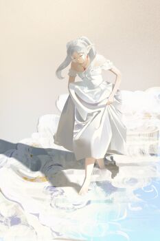 1girl absurdres bare_shoulders barefoot breasts closed_eyes clothes_lift dress dress_lift earrings elf frieren full_body gem grey_background grey_hair highres ikachyu jewelry long_dress long_hair necklace off-shoulder_dress off_shoulder parted_bangs pointy_ears red_gemstone small_breasts solo sousou_no_frieren twintails waves white_dress