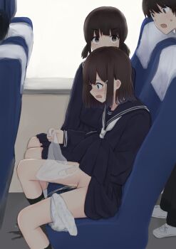 1boy 2girls angry bag black_shirt black_skirt black_socks blue_eyes blush brown_eyes brown_hair bus_interior clothes_lift hair_ornament hairclip holding holding_bag kanekan long_hair long_sleeves looking_at_another looking_down low_twintails multiple_girls neckerchief open_mouth original panties panties_around_leg pee_stain peeing plastic_bag polka_dot polka_dot_panties puddle pussy school_uniform shirt shoes short_hair sitting skirt skirt_lift sneakers socks stained_panties standing sweat tears twintails underwear white_neckerchief white_panties white_shoes white_socks window
